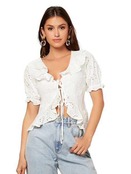 

puff sleeve ruffle trim knot front schiffy blouse f3fx#, White