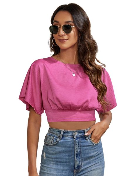 

tie backless batwing sleeve solid blouse a30p#, White