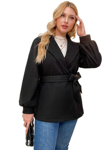 

plus lapel neck lantern sleeve belted overcoat b8vk#, Black