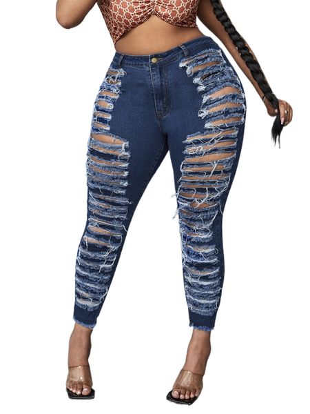 

sxy plus high waist ladder distressed raw trim skinny jeans o2lg#, Blue