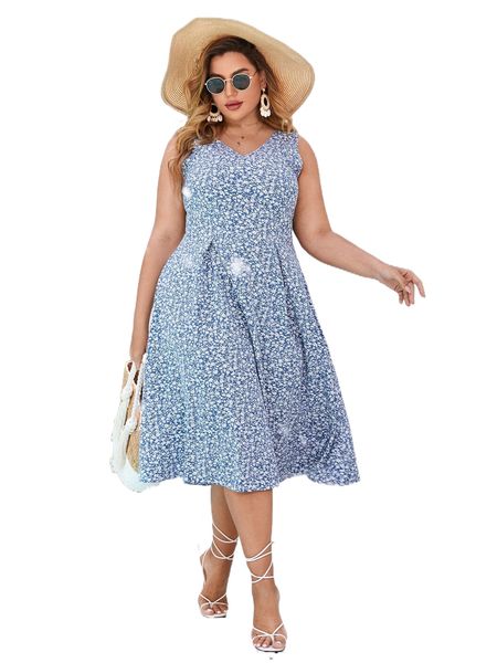 

plus ditsy floral print a-line dress 72rj#, Black