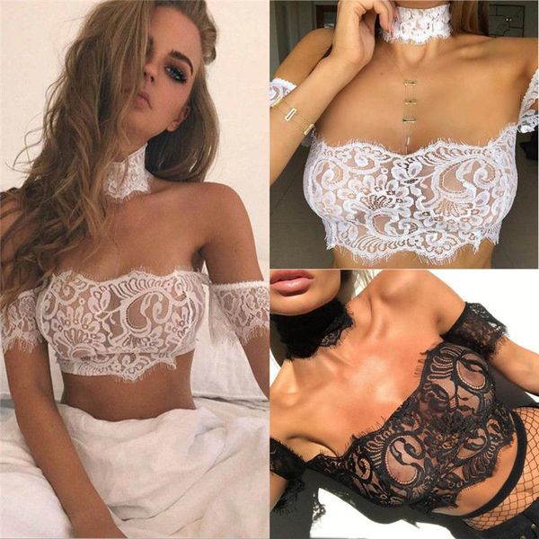 Bustier Corsetti Sexy Women Lace Off Spalla Tube Top Senza spalline See Through Short Sleeve Summer Lingerie Crop Top UnderwearBustier