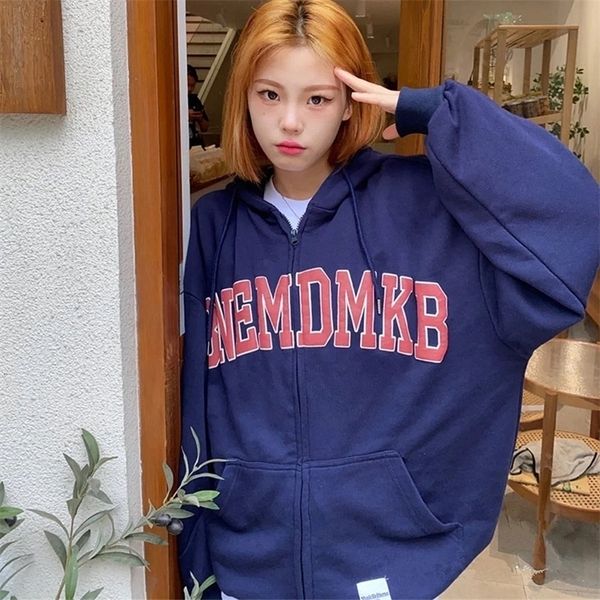 

women casual letter print oversized hoodie autumn loose korean zipper sweatshirt long sleeve retro streetwear jacket coat 220817, Black