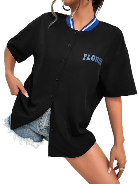 

letter graphic baseball collar drop shoulder shirt m8pv#, White