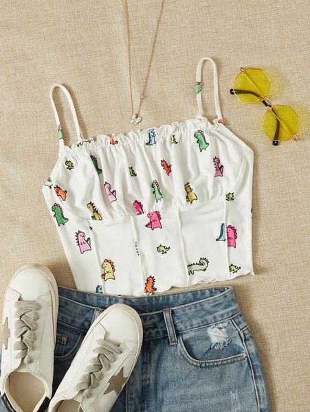 

dinosaur print frill seam cami y87p#, White