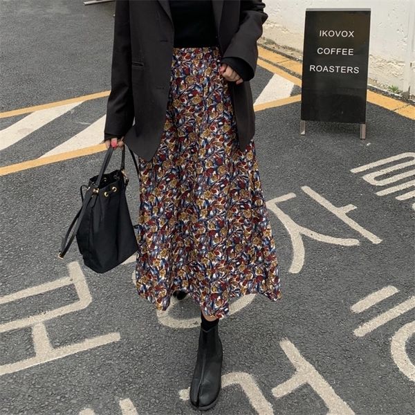

floral print women skirt high waist spring summer female midi holiday ladies bottoms 210306, Black