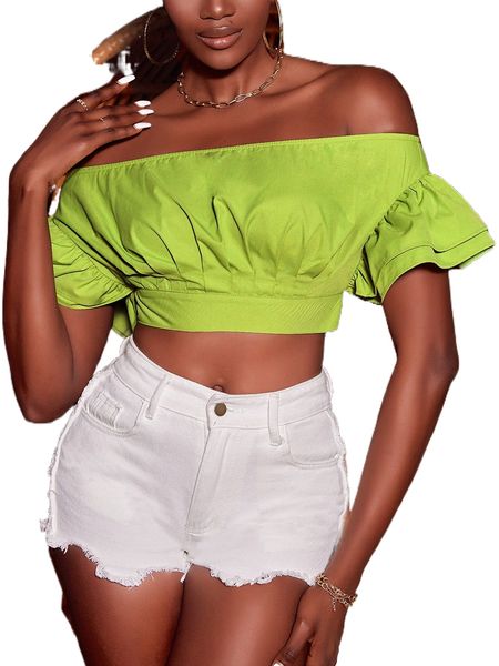 

off shoulder flounce sleeve crop blouse s5tl#, White