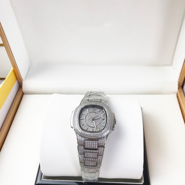 

fashion iced out diamond watch zirconia stones sapphire glass 33mm women quartz 904l stainless steel luxury lady cz watches with box papers, Slivery;brown