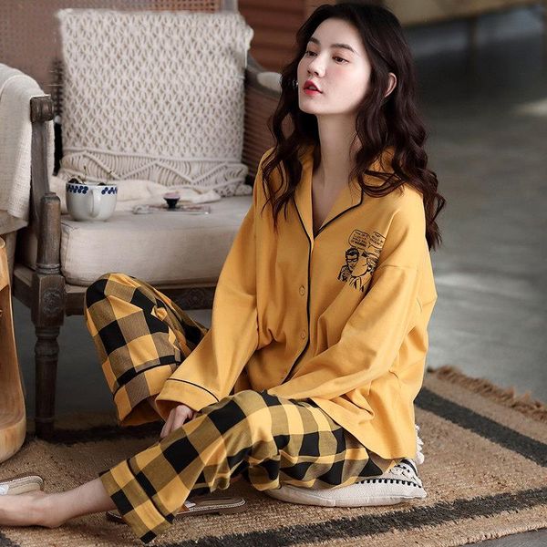 

autumn 100 cotton women womens sleepwear pajamas set turn-down collar elegant plaid casual soft 3xl female homewear, Black;red