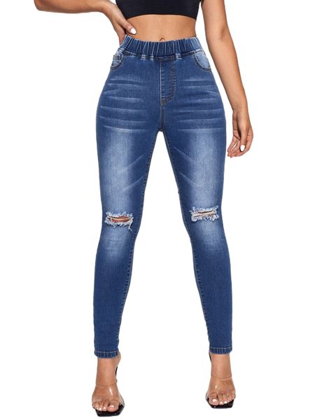 

elastic waist ripped jeggings i9op#, Blue
