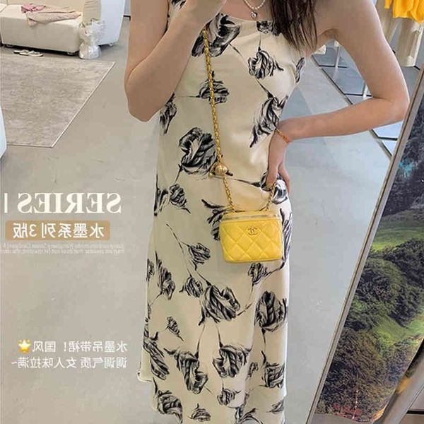 

casual dresses korean version is versatile[ink series]french suspender dress women's summer niche design sense spring and autumn long s, Black;gray