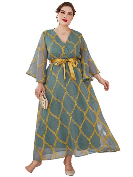 

plus geo embroidery surplice front belted dress i5on#, Black