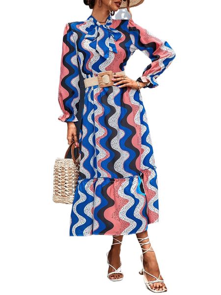 

chevron print tie neck ruffle hem dress without belt k9sw#, Black;gray