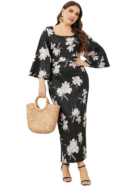 

plus random floral print flounce sleeve dress f2ju#, Black