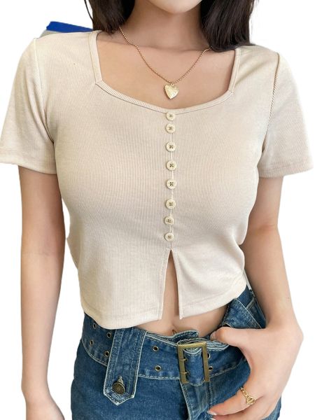 

dazy fake button front rib knit tee j43o#, White