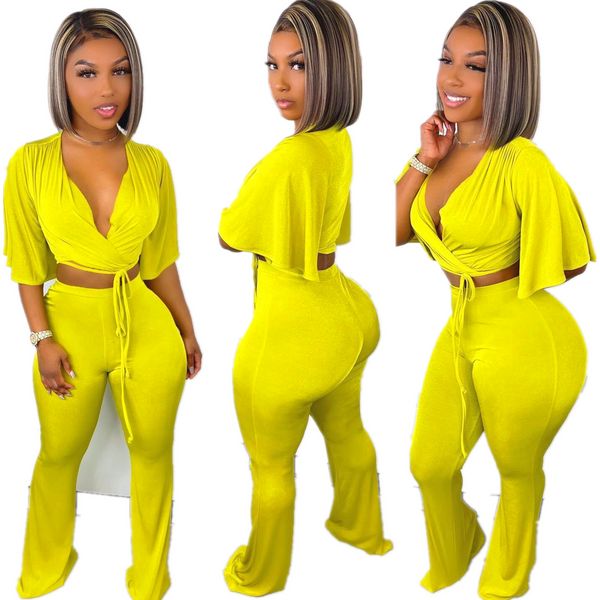 Mulheres de verão duas calças de duas peças conjunto amarelo meia manga bandagem v pescoço colhido top + magro longa calça macia ternos senhora 2 pcs casual usa