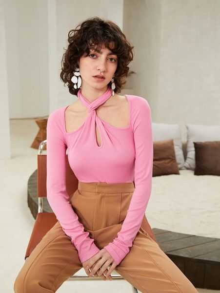 

solid rib-knit keyhole twist halter tee o1uk#, White