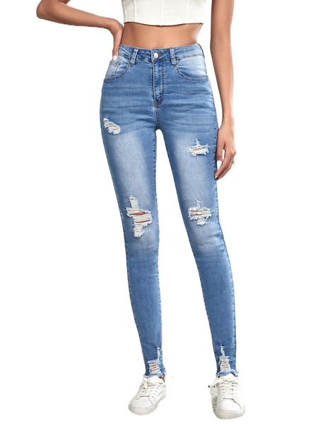 

tall high waist ripped cat whisker skinny jeans n5si#, Blue