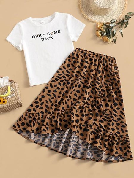 

girls slogan graphic tee & allover print wrap ruffle hem skirt she, White