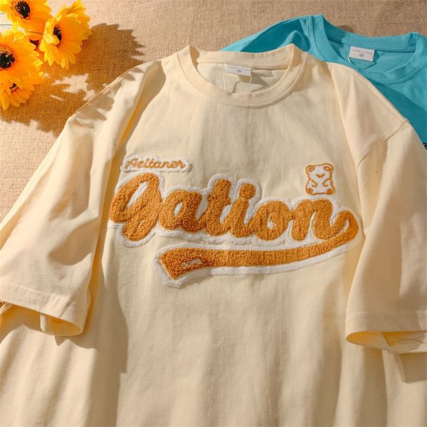 

bear letter embroidery shortsleeved female summer harajuku retro casual oneck loose oversized halfsleeved tshirt ins 220615, White