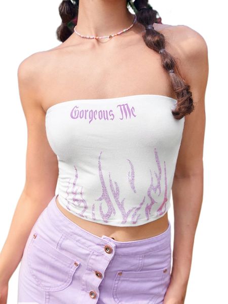 

letter & rhinestone fire pattern crop tube p0ns#, White