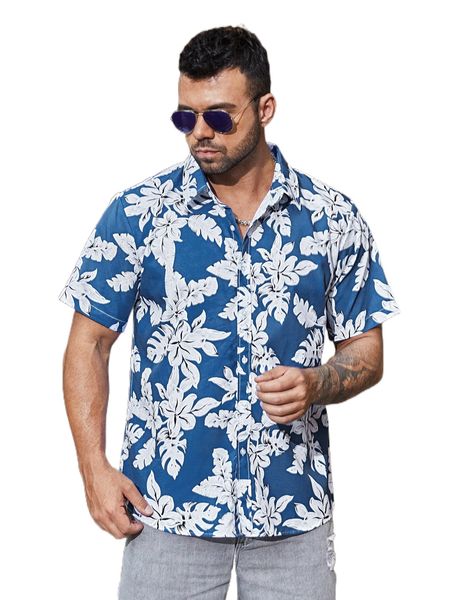 

extended sizes men allover tropical print shirt r6cm#, White;black