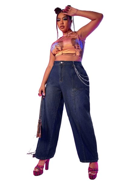

plus embroidery slant pockets jeans without chain v7hf#, Blue