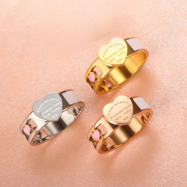 

fashion hollow colorful heart rings stainless steel big heart tag white shell ring for women girls female men wedding jewelry, Silver