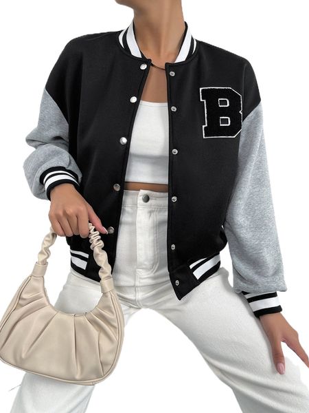

letter patched striped trim drop shoulder bomber jacket 123z#, Black;brown