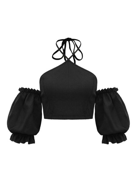 

solid halter neck puff sleeve p9sj#, White