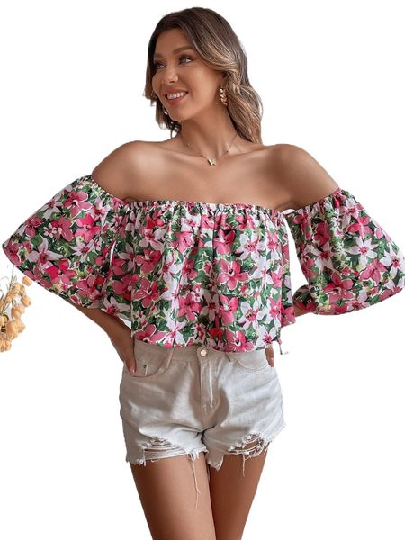 

off shoulder allover floral print blouse h29o#, White