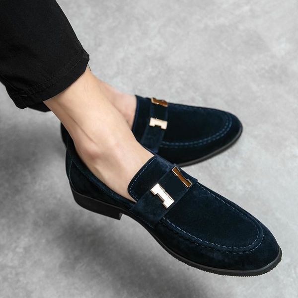 

Loafers Men Shoes Faux Suede Metal Solid Color Slip on Round Head Flat Bottom Casual Business Chaussure Homeme DP242, Brown