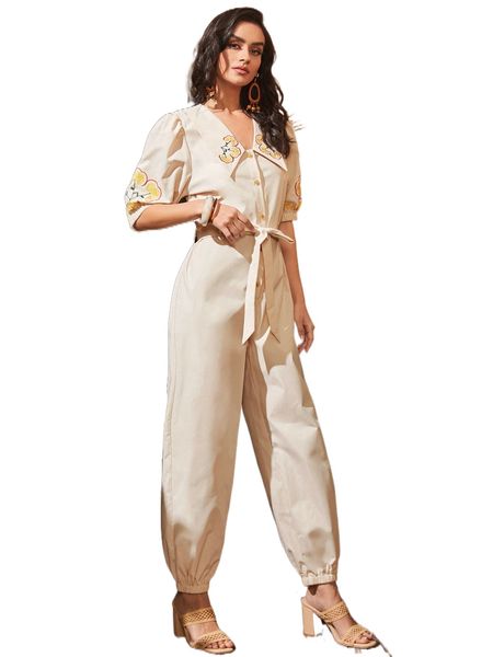 

floral embroidered puff sleeve belted jumpsuit r9tw#, Black;white