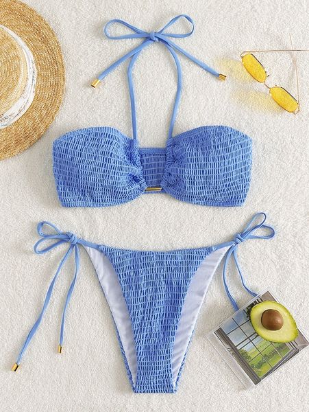 

smocked halter tie side bikini swimsuit m0gj#, White;black