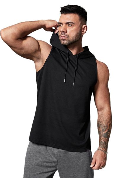 

men high low hem drawstring hooded tank 80m1#, White;black