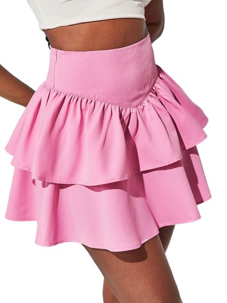 

high waist solid layered hem skirt r3xv#, Black