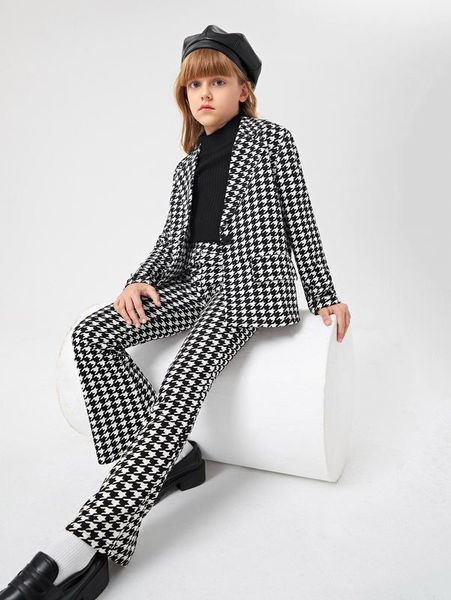 

girls houndstooth print coat & flare leg pants she, White