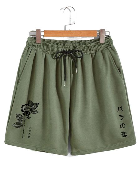 

men floral & japanese letter graphic drawstring waist shorts h4eu#, White;black