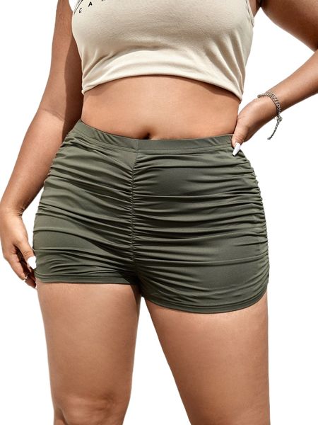 

plus solid ruched straight leg shorts q856#, Black