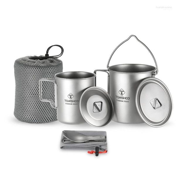 Лагерь кухня Tomshoo 3pcs Titanium Pot Water Mug Cup Set Set Light Outdoor Camping Picnic Hang Porting Cots со складной Spork