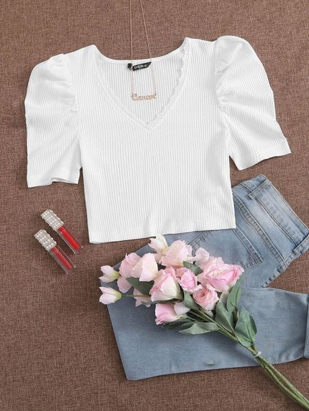 

lace trim puff sleeve rib-knit crop tee h5dw#, White