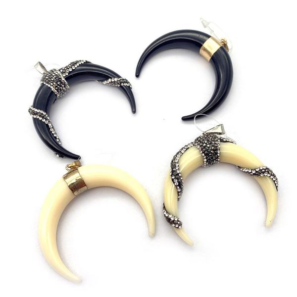 Collane con ciondolo 1 pz resina osso di manzo nero bianco set con diamanti collana fai da te accessori per la creazione di gioielli pietra naturale a forma di corno luna