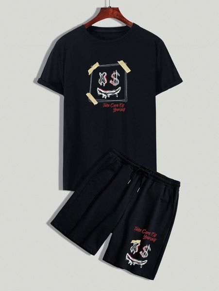 

romwe guys slogan cartoon graphic tee & drawstring shorts o5vu#, Gray