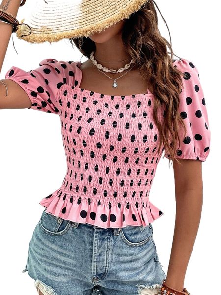 

polka dot shirred puff sleeve frill hem blouse r8tm#, White