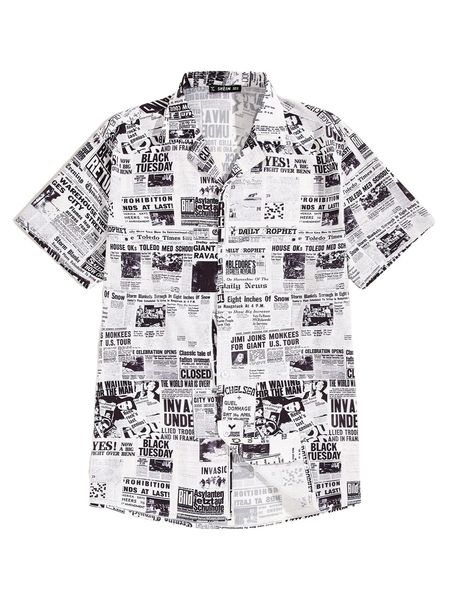 

men newspaper print revere collar shirt p6iv#, White;black