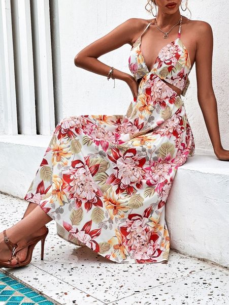 

random allover floral print backless knot halter neck dress s2la#, Black;gray