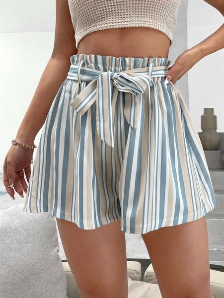 

block striped paperbag waist belted shorts 48sc#, White;black