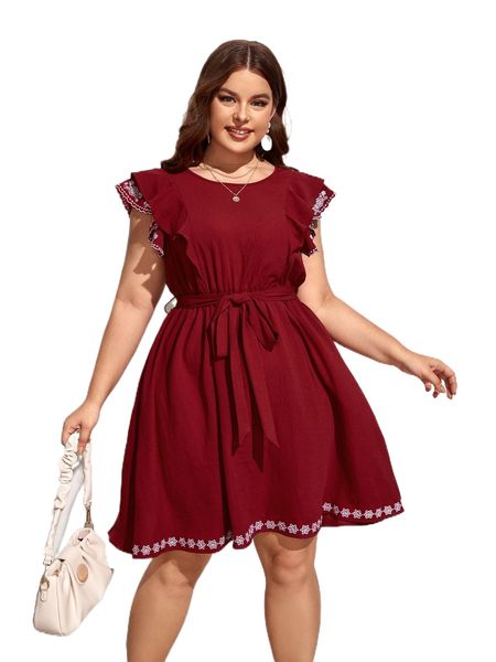 

plus floral embroidery ruffle trim belted dress g4us#, Black