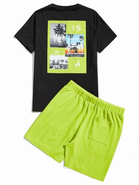 

men coconut tree print tee & track shorts set n0gc#, Gray