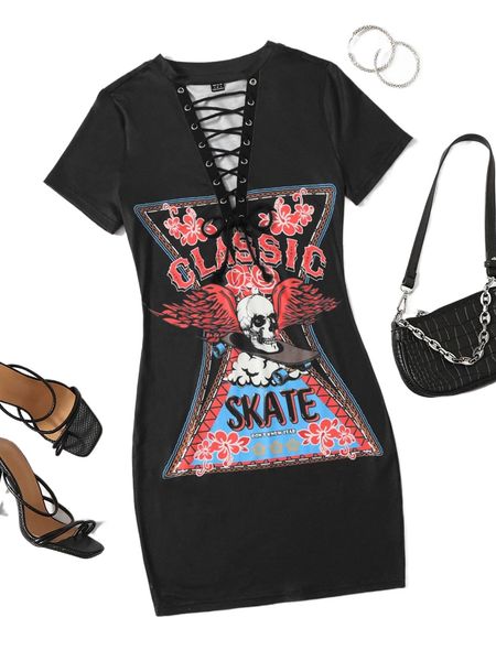 

skull & letter graphic lace up dress x7hd#, Black;gray
